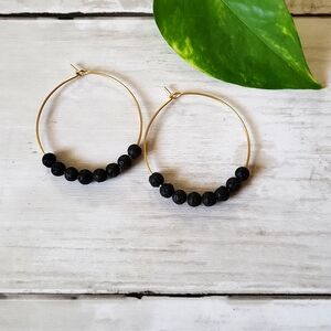 Black Lava Bead Aromatherapy Gold Hoop Earrings